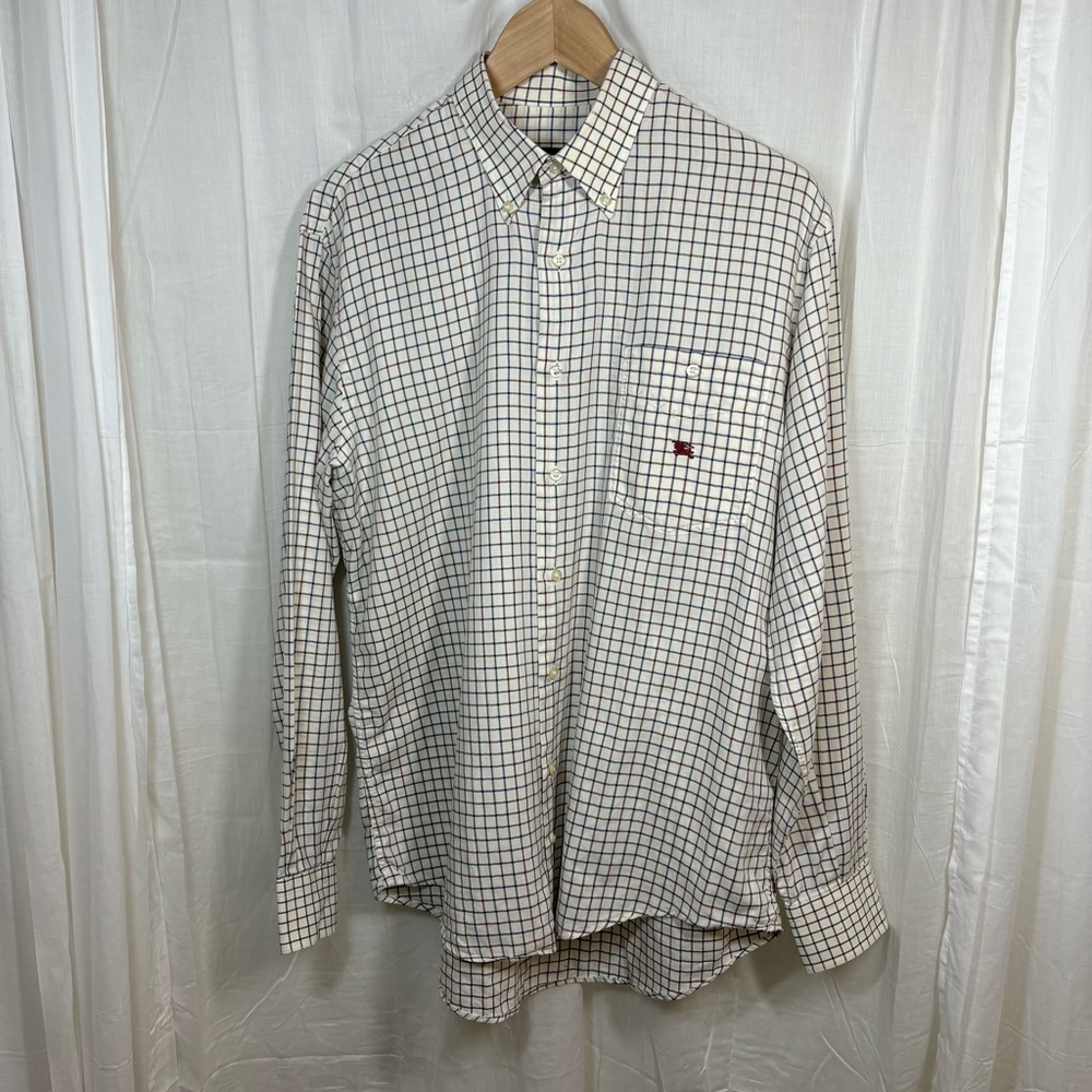 Burberry London Check Plaid Button Down Shirt Blue Maroon Ivory‎ Size XL